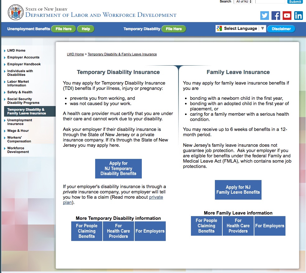 NJ department of labor and Workforce development page/link