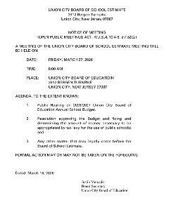 Notification-Board of Estimate Meeting