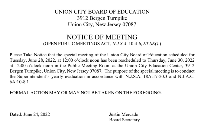 Notice of Rescheduling For Special Board Meeting-Union City Board of Education