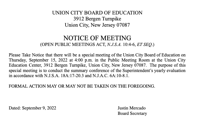 Special Meeting Notice-Union City Board of Education