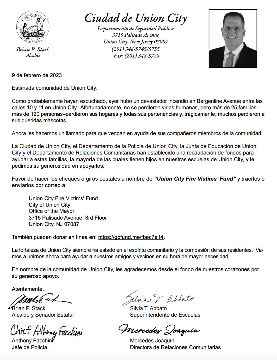 Union City Fire Victims' Fund Announcement-Spanish