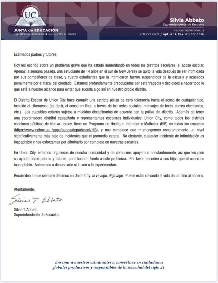 Important Announcement From Superintendent Silvia Abbato About Bullying-Spanish-February 16, 2023