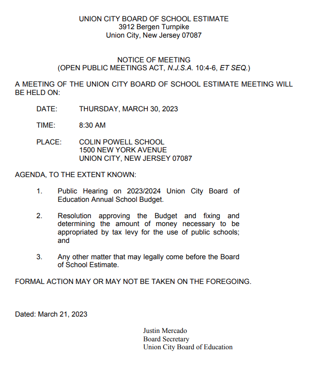 Union City Board of School Estimate Notification