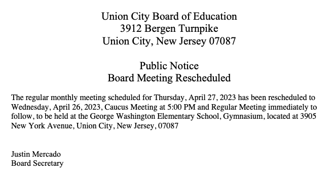 Board of Education Meeting Rescheduled To Wednesday April 26, 2023
