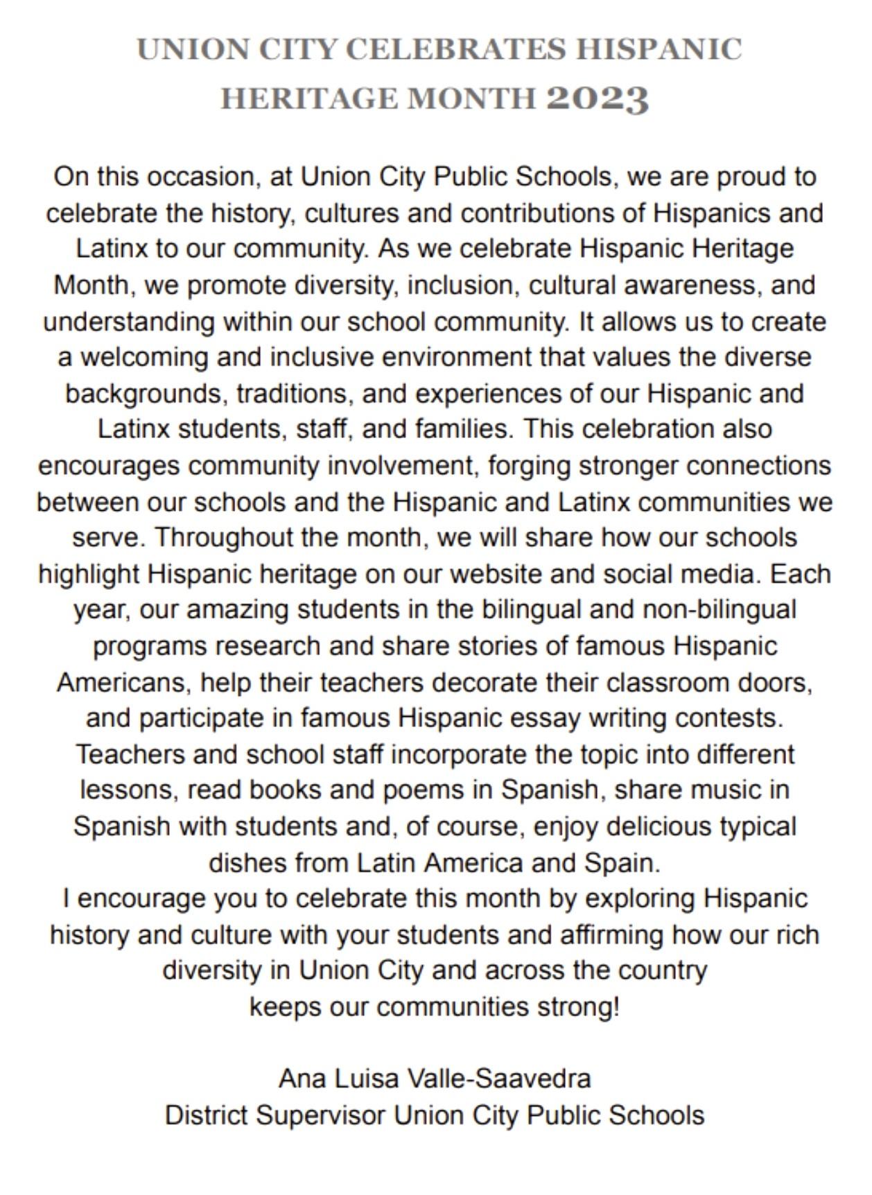 Hispanic Heritage Month Announcement From Ana Valle